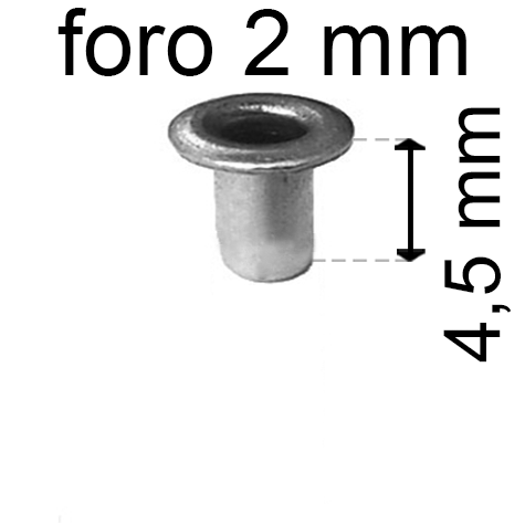 legatoria Occhiello unificato OttoneNICHELATO. altezza 4.5mm OU NICHELATO per fori diametro 2mm. Testa diametro 3,5mm, spessore materiale: 0,25mm.