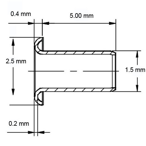 legatoria Occhiello unificato ottoneSTAGNATO, altezza 5mm OU STAGNATO per fori diametro 1.5mm. Testa diametro 2,5mm, spessore materiale: 0,2mm.