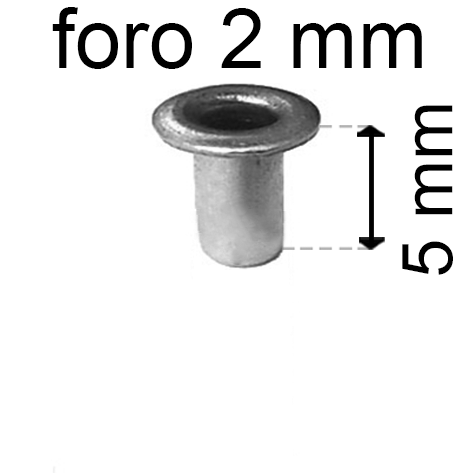 legatoria Occhiello unificato OttoneNICHELATO. altezza 5mm OU NICHELATO per fori diametro 2mm. Testa diametro 3,5mm, spessore materiale: 0,25mm.