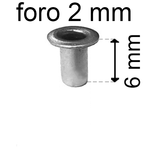 legatoria Occhiello unificato OttoneNICHELATO. altezza 6mm OU NICHELATO per fori diametro 2mm. Testa diametro 3,5mm, spessore materiale: 0,25mm.