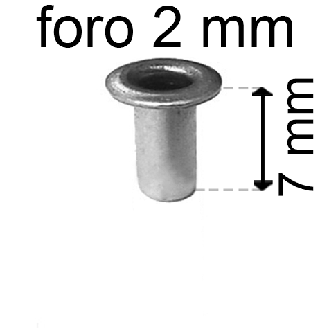 legatoria Occhiello unificato OttoneNICHELATO. altezza 7.5mm OU NICHELATO per fori diametro 2mm. Testa diametro 3,5mm, spessore materiale: 0,25mm.