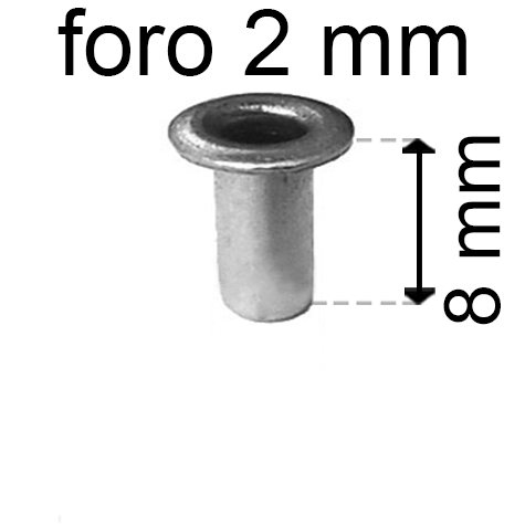 legatoria Occhiello unificato OttoneNICHELATO. altezza 8mm OU NICHELATO per fori diametro 2mm. Testa diametro 3,5mm, spessore materiale: 0,25mm.