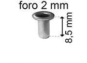 legatoria Occhiello unificato OttoneNICHELATO. altezza 8.5mm OU NICHELATO per fori diametro 2mm. Testa diametro 3,5mm, spessore materiale: 0,25mm.