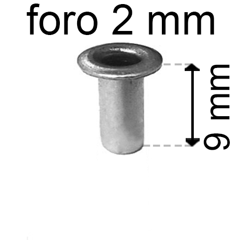 legatoria Occhiello unificato OttoneNICHELATO. altezza 9mm OU NICHELATO per fori diametro 2mm. Testa diametro 3,5mm, spessore materiale: 0,25mm.