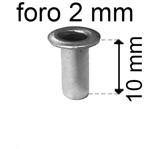 legatoria Occhiello unificato OttoneNICHELATO. altezza 10mm OU NICHELATO per fori diametro 2mm. Testa diametro 3,5mm, spessore materiale: 0,25mm.