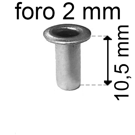 legatoria Occhiello unificato OttoneNICHELATO. altezza 10.5mm OU NICHELATO per fori diametro 2mm. Testa diametro 3,5mm, spessore materiale: 0,25mm.