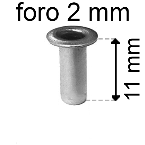 legatoria Occhiello unificato OttoneNICHELATO. altezza 11mm OU NICHELATO per fori diametro 2mm. Testa diametro 3,5mm, spessore materiale: 0,25mm.