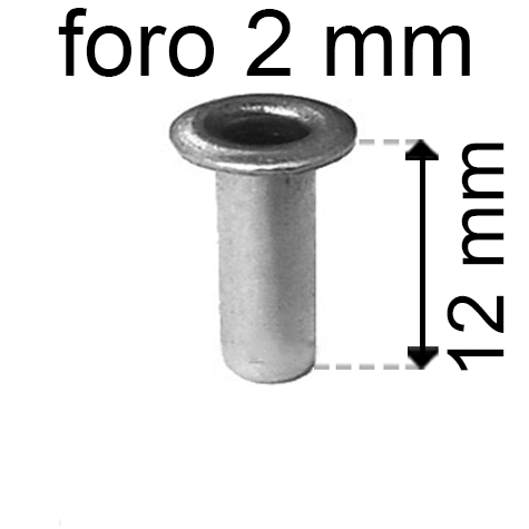 legatoria Occhiello unificato OttoneNICHELATO. altezza 12mm OU NICHELATO per fori diametro 2mm. Testa diametro 3,5mm, spessore materiale: 0,25mm.