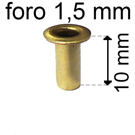 legatoria Occhiello unificato ottone, altezza 10mm (OU) per fori diametro 1.5mm. Testa diametro 2,5mm, spessore materiale: 0,2mm.