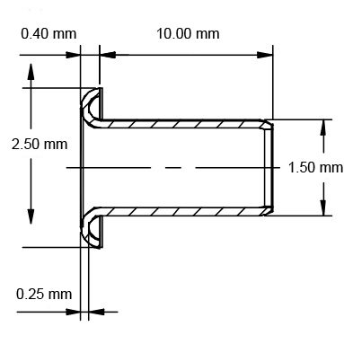 legatoria Occhiello unificato OttoneNICHELATO. altezza 10mm OU NICHELATO per fori diametro 1.5mm. Testa diametro 2,5mm, spessore materiale: 0,2mm.