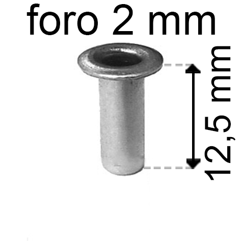 legatoria Occhiello unificato OttoneNICHELATO. altezza 12.5mm OU NICHELATO per fori diametro 2mm. Testa diametro 3,5mm, spessore materiale: 0,25mm.