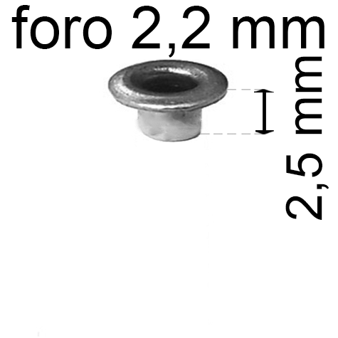 legatoria Occhiello unificato OttoneNICHELATO. altezza 2.5mm OU NICHELATO per fori diametro 2,2mm. Testa diametro 3,7mm, spessore materiale: 0,25mm.