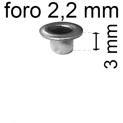 legatoria Occhiello unificato OttoneNICHELATO. altezza 3mm OU NICHELATO per fori diametro 2,2mm. Testa diametro 3,7mm, spessore materiale: 0,25mm.