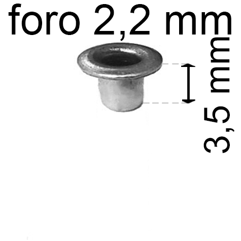 legatoria Occhiello unificato ottoneSTAGNATO, altezza 3,5mm OU STAGNATO per fori diametro 2,2mm. Testa diametro 3,7mm, spessore materiale: 0,25mm.