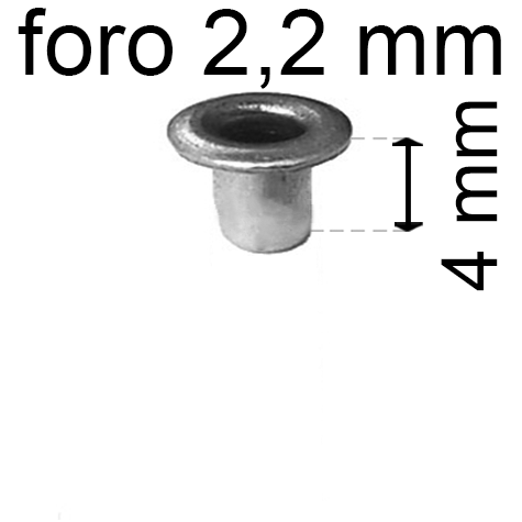 legatoria Occhiello unificato OttoneNICHELATO. altezza 4mm OU NICHELATO per fori diametro 2,2mm. Testa diametro 3,7mm, spessore materiale: 0,25mm.