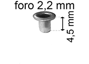 legatoria Occhiello unificato OttoneNICHELATO. altezza 4.5mm OU NICHELATO per fori diametro 2,2mm. Testa diametro 3,7mm, spessore materiale: 0,25mm.