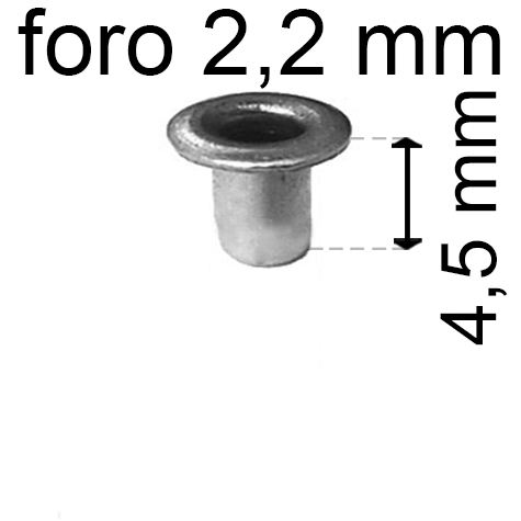 legatoria Occhiello unificato OttoneNICHELATO. altezza 4.5mm OU NICHELATO per fori diametro 2,2mm. Testa diametro 3,7mm, spessore materiale: 0,25mm.