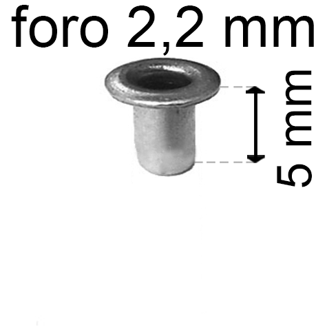 legatoria Occhiello unificato OttoneNICHELATO. altezza 5mm OU NICHELATO per fori diametro 2,2mm. Testa diametro 3,7mm, spessore materiale: 0,25mm.