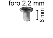 legatoria Occhiello unificato OttoneNICHELATO. altezza 6mm OU NICHELATO per fori diametro 2,2mm. Testa diametro 3,7mm, spessore materiale: 0,25mm.