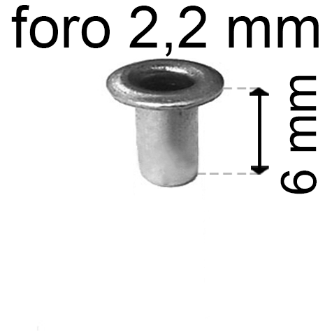 legatoria Occhiello unificato OttoneNICHELATO. altezza 6mm OU NICHELATO per fori diametro 2,2mm. Testa diametro 3,7mm, spessore materiale: 0,25mm.