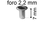 legatoria Occhiello unificato OttoneNICHELATO. altezza 7mm OU NICHELATO per fori diametro 2,2mm. Testa diametro 3,7mm, spessore materiale: 0,25mm.