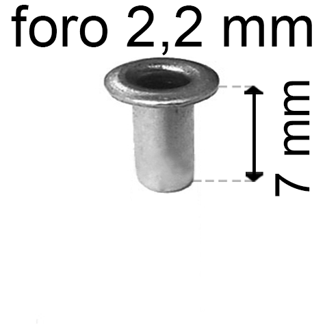 legatoria Occhiello unificato OttoneNICHELATO. altezza 7mm OU NICHELATO per fori diametro 2,2mm. Testa diametro 3,7mm, spessore materiale: 0,25mm.