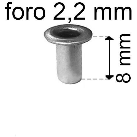 legatoria Occhiello unificato OttoneNICHELATO. altezza 8mm OU NICHELATO per fori diametro 2,2mm. Testa diametro 3,7mm, spessore materiale: 0,25mm.