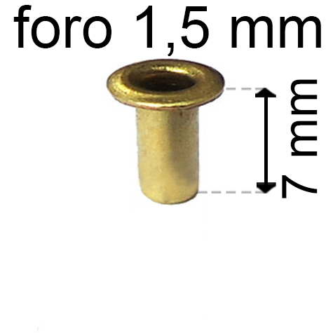 legatoria Occhiello unificato ottone, altezza 7mm (OU) per fori diametro 1.5mm. Testa diametro 2,5mm, spessore materiale: 0,2mm.
