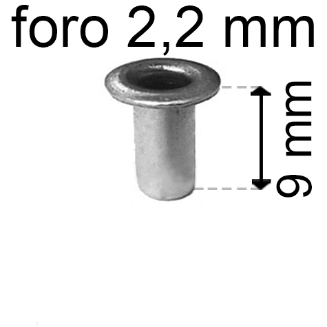 legatoria Occhiello unificato OttoneNICHELATO. altezza 9mm OU NICHELATO per fori diametro 2,2mm. Testa diametro 3,7mm, spessore materiale: 0,25mm.