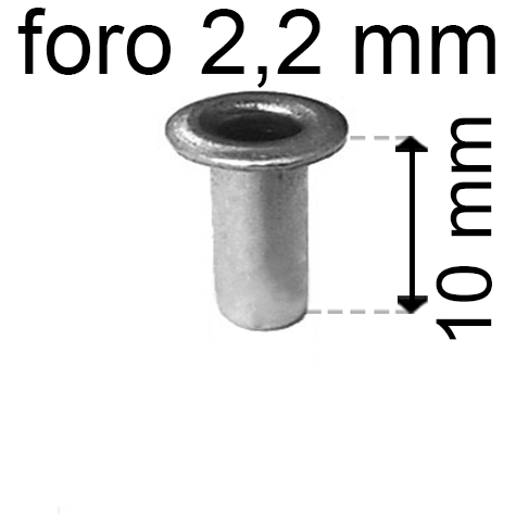 legatoria Occhiello unificato OttoneNICHELATO. altezza 10mm OU NICHELATO per fori diametro 2,2mm. Testa diametro 3,7mm, spessore materiale: 0,25mm.