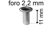 legatoria Occhiello unificato OttoneNICHELATO. altezza 11mm OU NICHELATO per fori diametro 2,2mm. Testa diametro 3,7mm, spessore materiale: 0,25mm.
