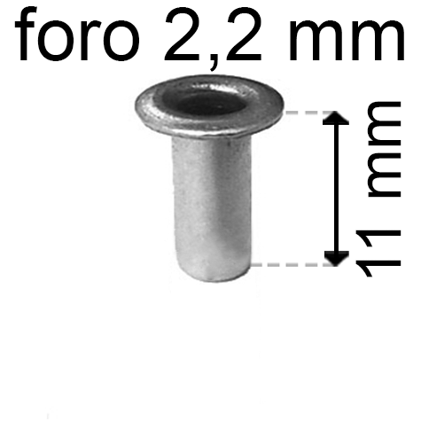 legatoria Occhiello unificato OttoneNICHELATO. altezza 11mm OU NICHELATO per fori diametro 2,2mm. Testa diametro 3,7mm, spessore materiale: 0,25mm.