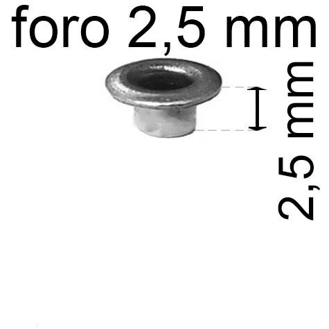 legatoria Occhiello unificato OttoneNICHELATO. altezza 2.5mm OU NICHELATO per fori diametro 2,5mm. Testa diametro 4mm, spessore materiale: 0,3mm.