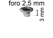 legatoria Occhiello unificato OttoneNICHELATO. altezza 3mm OU NICHELATO per fori diametro 2,5mm. Testa diametro 4mm, spessore materiale: 0,3mm eug214
