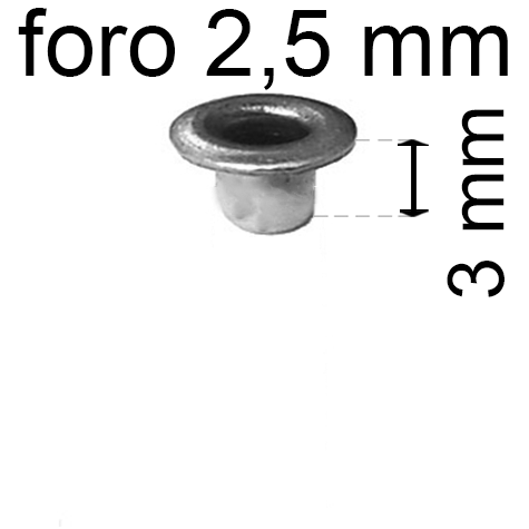 legatoria Occhiello unificato OttoneNICHELATO. altezza 3mm OU NICHELATO per fori diametro 2,5mm. Testa diametro 4mm, spessore materiale: 0,3mm.