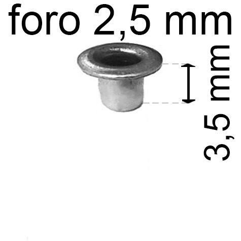 legatoria Occhiello unificato OttoneNICHELATO. altezza 3.5mm OU NICHELATO per fori diametro 2,5mm. Testa diametro 4mm, spessore materiale: 0,3mm.