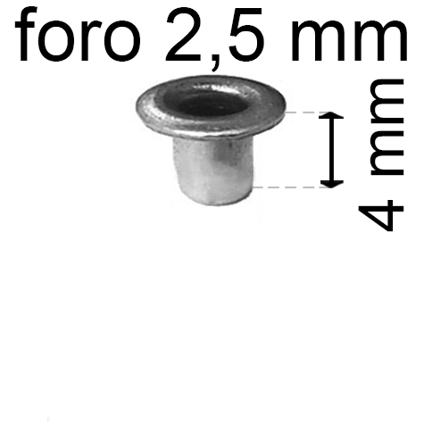 legatoria Occhiello unificato OttoneNICHELATO. altezza 4mm OU NICHELATO per fori diametro 2,5mm. Testa diametro 4mm, spessore materiale: 0,3mm.