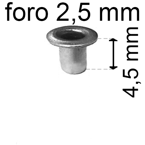 legatoria Occhiello unificato OttoneNICHELATO. altezza 4.5mm OU NICHELATO per fori diametro 2,5mm. Testa diametro 4mm, spessore materiale: 0,3mm.