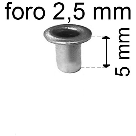 legatoria Occhiello unificato OttoneNICHELATO. altezza 5mm OU NICHELATO per fori diametro 2,5mm. Testa diametro 4mm, spessore materiale: 0,3mm.