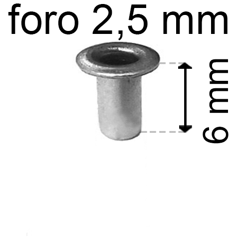 legatoria Occhiello unificato OttoneNICHELATO. altezza 6mm OU NICHELATO per fori diametro 2,5mm. Testa diametro 4mm, spessore materiale: 0,3mm.