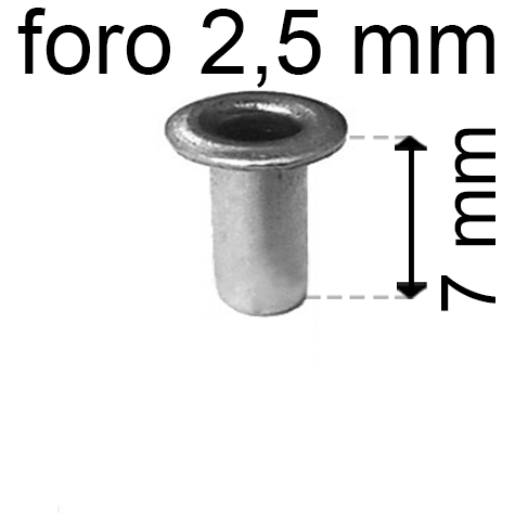 legatoria Occhiello unificato OttoneNICHELATO. altezza 7mm OU NICHELATO per fori diametro 2,5mm. Testa diametro 4mm, spessore materiale: 0,3mm.