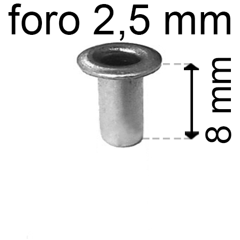 legatoria Occhiello unificato OttoneNICHELATO. altezza 8mm OU NICHELATO per fori diametro 2,5mm. Testa diametro 4mm, spessore materiale: 0,3mm.