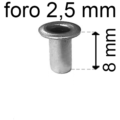 legatoria Occhiello unificato ottoneSTAGNATO, altezza 8mm OU STAGNATO per fori diametro 2,5mm. Testa diametro 4mm, spessore materiale: 0,3mm.