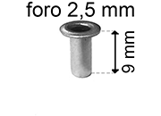 legatoria Occhiello unificato OttoneNICHELATO. altezza 9mm OU NICHELATO per fori diametro 2,5mm. Testa diametro 4mm, spessore materiale: 0,3mm eug224