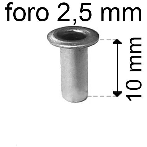 legatoria Occhiello unificato OttoneNICHELATO. altezza 10mm OU NICHELATO per fori diametro 2,5mm. Testa diametro 4mm, spessore materiale: 0,3mm.