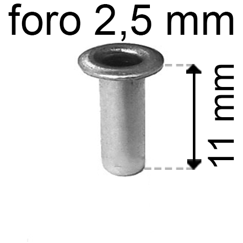 legatoria Occhiello unificato OttoneNICHELATO. altezza 11mm OU NICHELATO per fori diametro 2,5mm. Testa diametro 4mm, spessore materiale: 0,3mm.