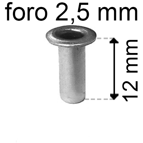 legatoria Occhiello unificato OttoneNICHELATO. altezza 12mm OU NICHELATO per fori diametro 2,5mm. Testa diametro 4mm, spessore materiale: 0,3mm.