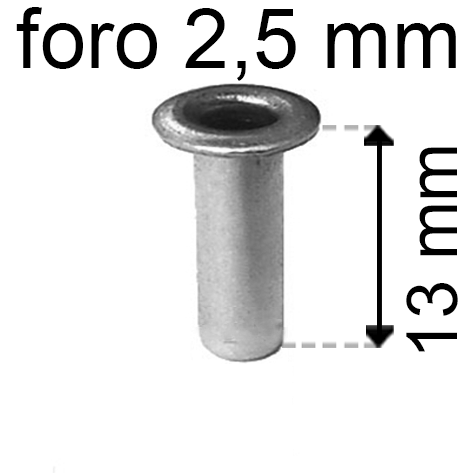 legatoria Occhiello unificato OttoneNICHELATO. altezza 13mm OU NICHELATO per fori diametro 2,5mm. Testa diametro 4mm, spessore materiale: 0,3mm.