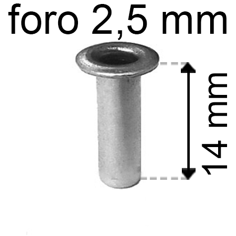 legatoria Occhiello unificato OttoneNICHELATO. altezza 14mm OU NICHELATO per fori diametro 2,5mm. Testa diametro 4mm, spessore materiale: 0,3mm.