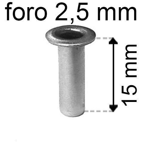 legatoria Occhiello unificato OttoneNICHELATO. altezza 15mm OU NICHELATO per fori diametro 2,5mm. Testa diametro 4mm, spessore materiale: 0,3mm.